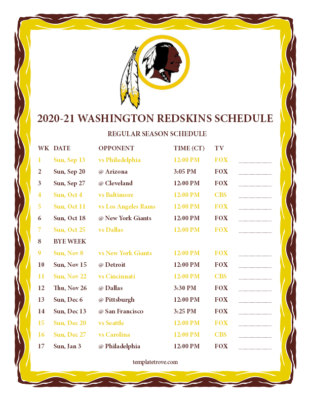 Printable 2020-2021 Washington Redskins Schedule-Printable 2021 2021 Nfl Schedule