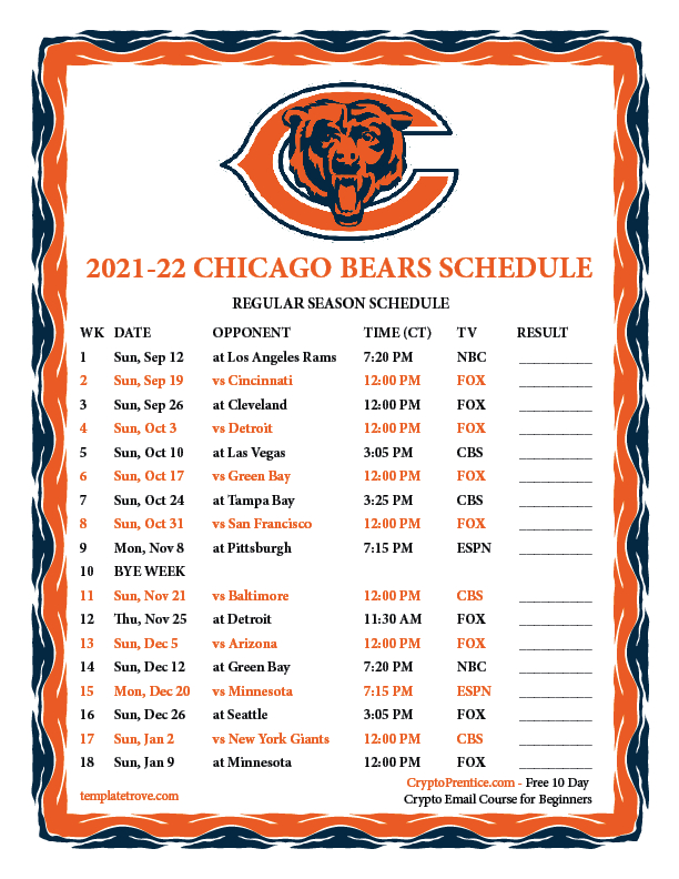 Printable 2021-2022 Chicago Bears Schedule-Printable 2021 2021 Nfl Schedule
