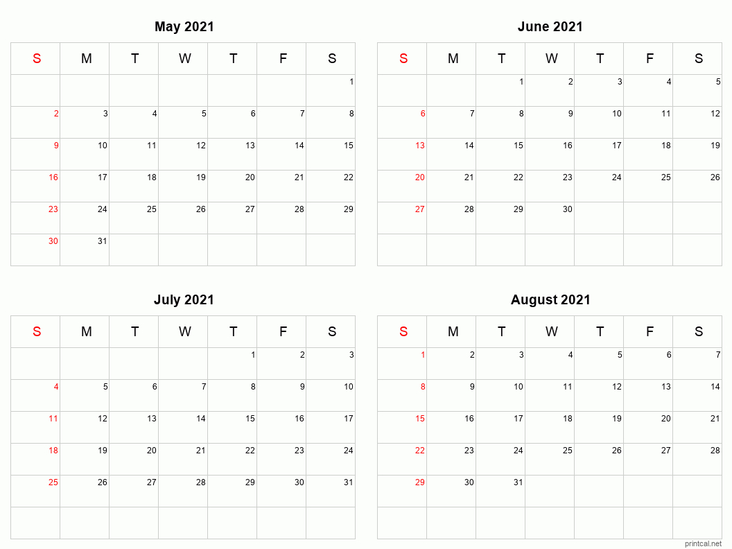 Printable 2021 Calendar - Four Months Per Page | Free-2021 Calendar Printable 2 Months Per Page