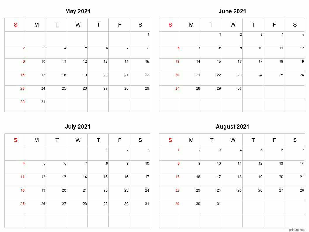 Printable 2021 Calendar - Four Months Per Page | Free-Free Two Page August 2021 Month