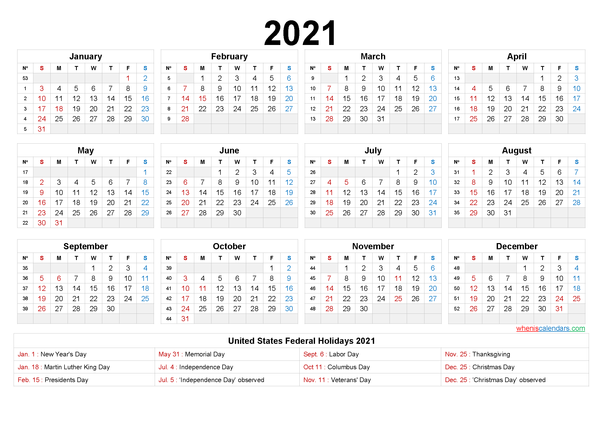 Printable 2021 Calendar One Page - 6 Templates - Free-2021 Yearly Calendar Printable Free