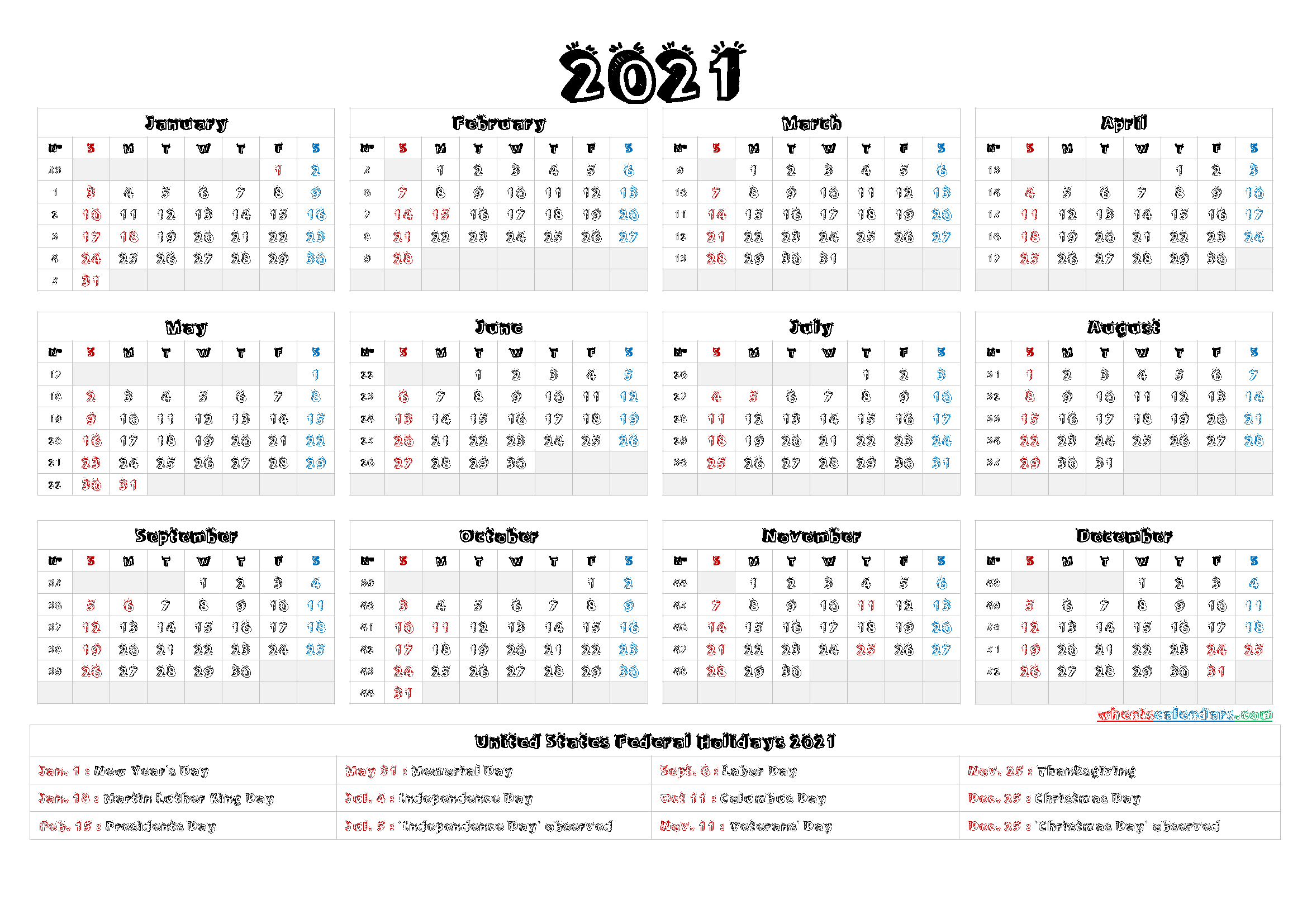 Printable 2021 Calendar With Holidays - 6 Templates-Free Yearly Vacation Calendar 2021