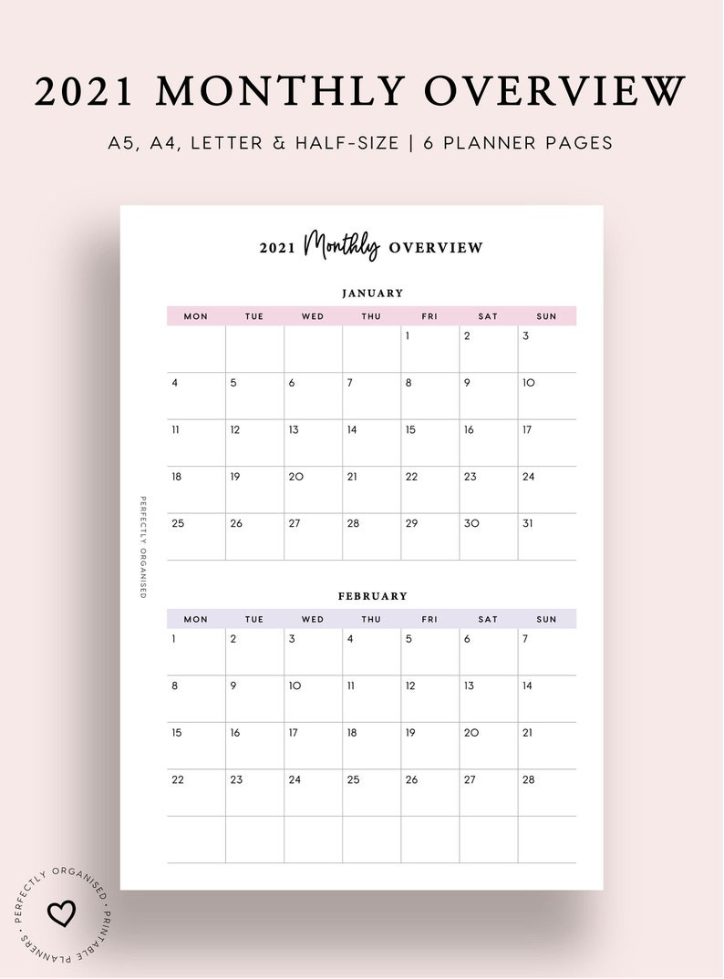 Printable 2021 Monthly Overview 2021 Bi-Monthly Overview-2 Page Montly 2021 Calendar