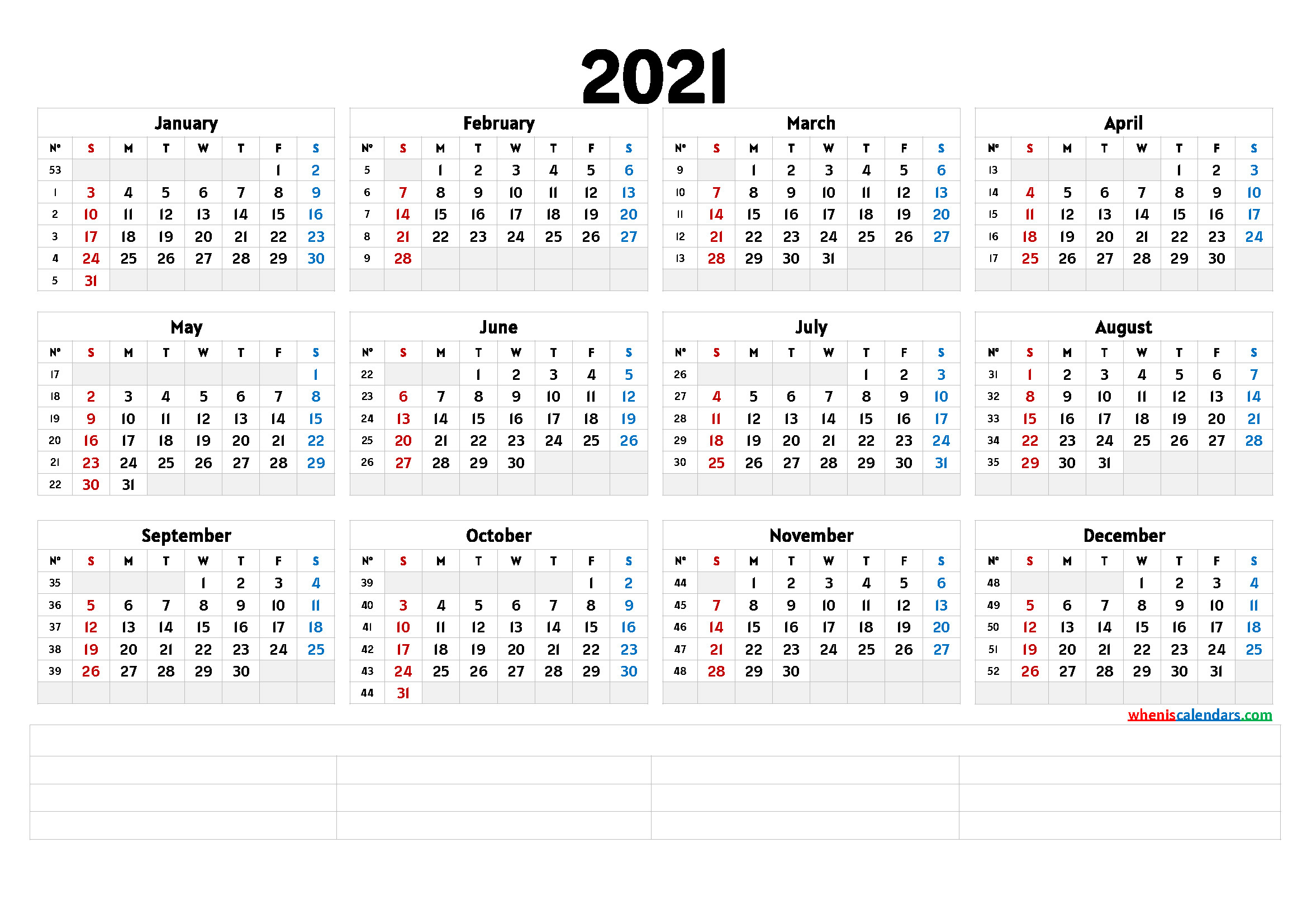 Printable 2021 Yearly Calendar - Calendraex-Calendar 2021 Free Printable Yearly Annual Leave