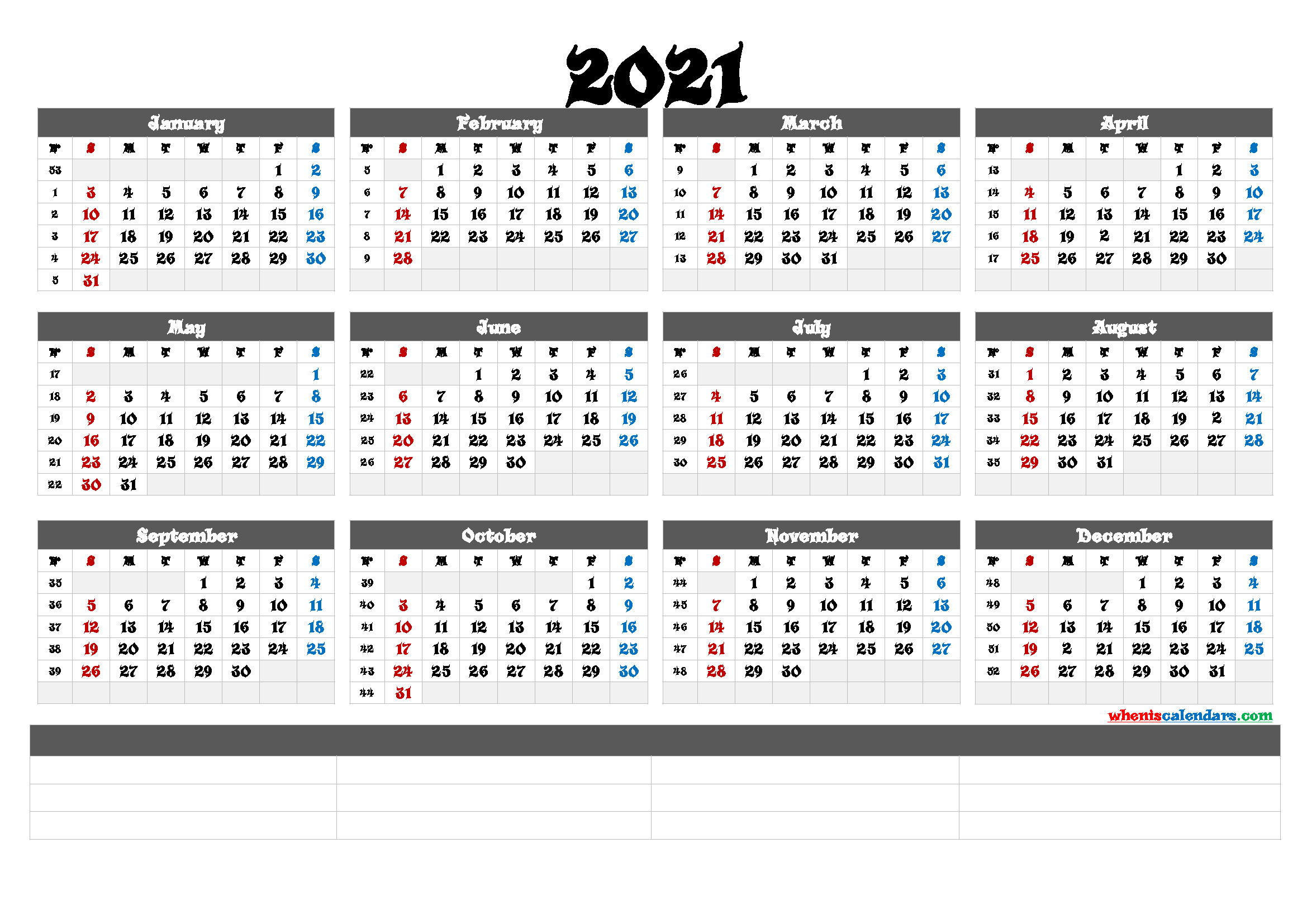 Printable 2021 Yearly Calendar With Week Numbers (6 Templates)-Calendar 2021 With Week Numbers