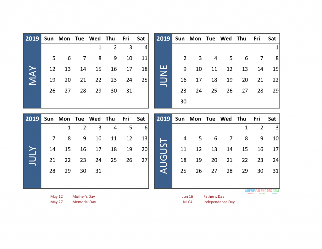 Printable 4 Month Calendar 2019 May June July August-3 Month Calendar June-August 2021