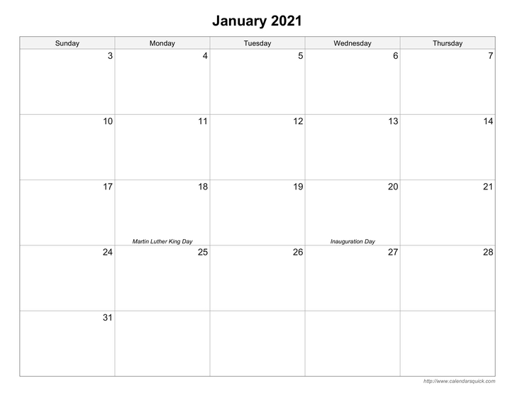 Printable 5-Day Monthly Calendar - Calendarsquick-Printable 2021 Monthly Calendar 81/2 X 11 Inches