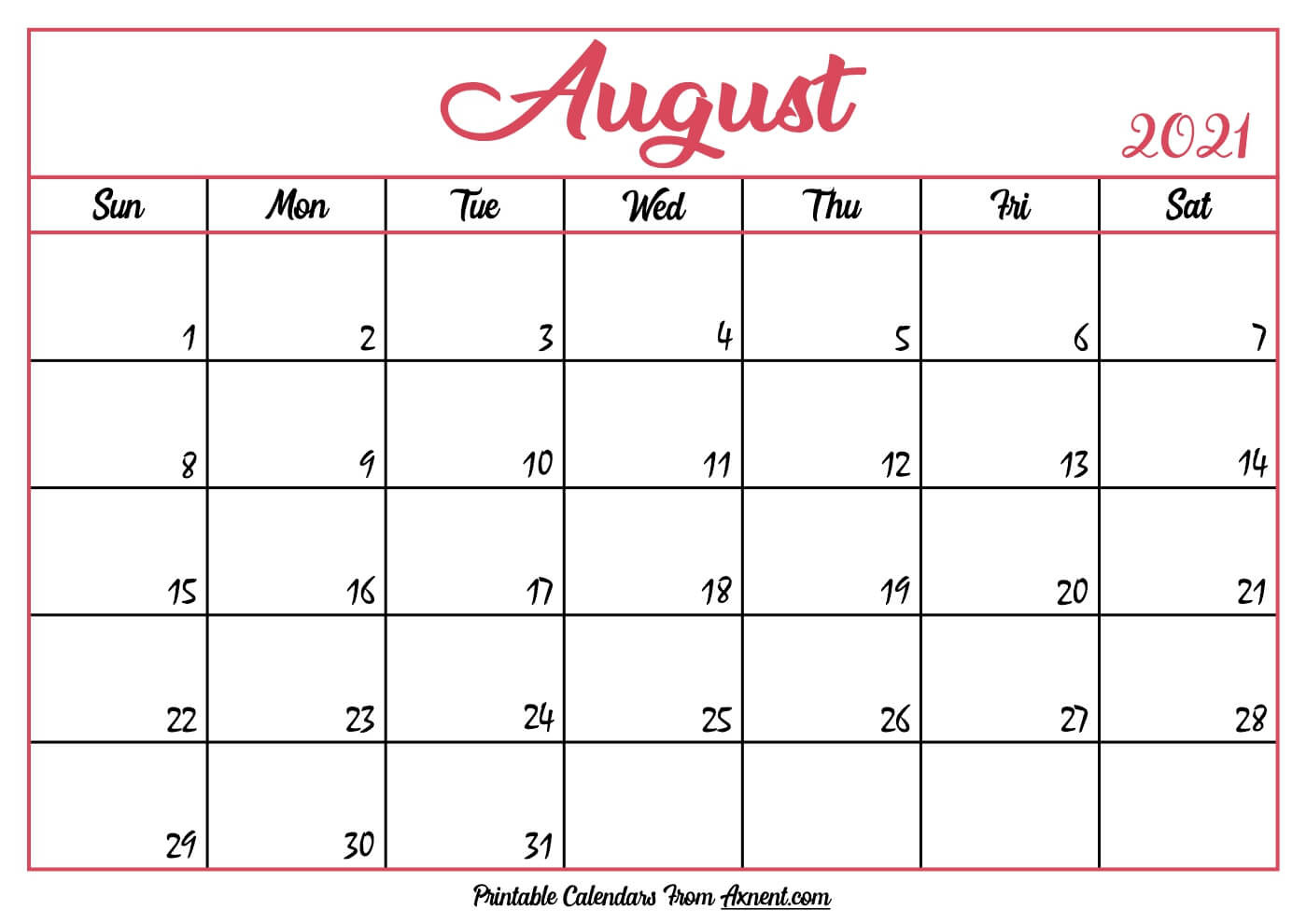 Printable August 2021 Calendar Template - Print Now-Appointment Calendar For Month Of August 2021