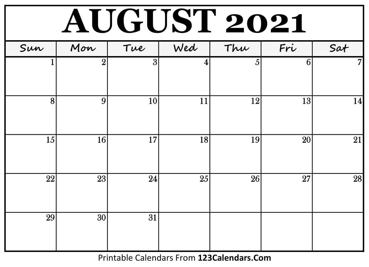 Printable August 2021 Calendar Templates - 123Calendars-Free Printable Calendar For August --December 2021