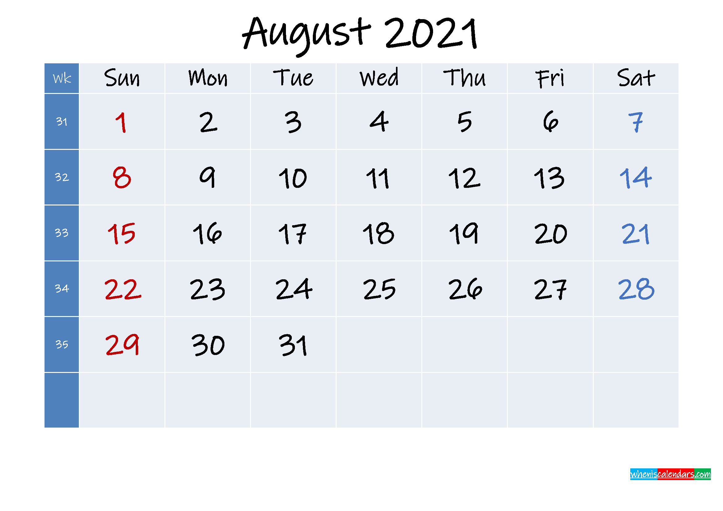 Printable August 2021 Calendar With Holidays - Template No.ink21M272 | Free Printable 2020-August 2021 Calendar