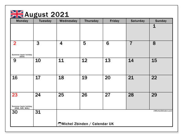 Printable August 2021 &quot;Uk&quot; Calendar - Michel Zbinden En-Appointment Calendar For Month Of August 2021