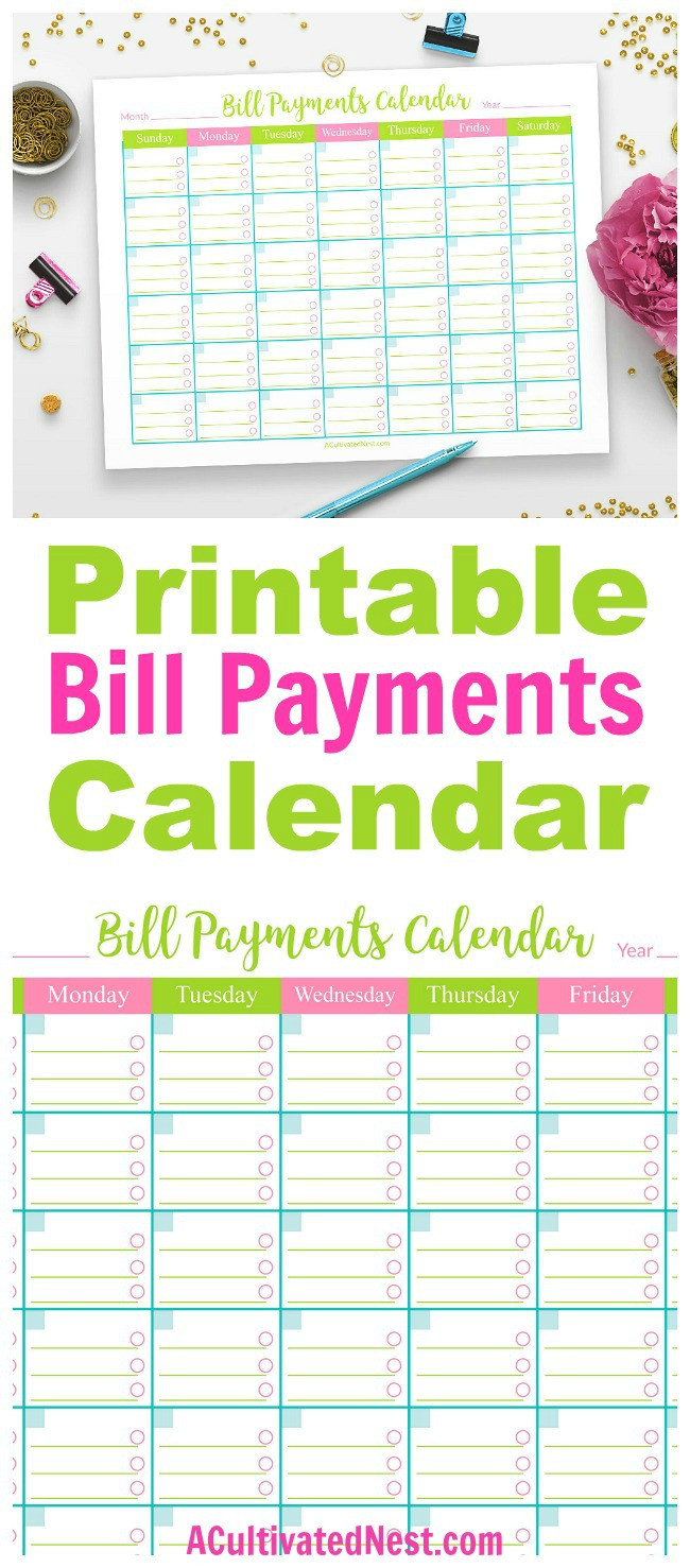 Printable Bill Payments Calendar- A Cultivated Nest-Printable 2021 Bill Pay Calendars Free