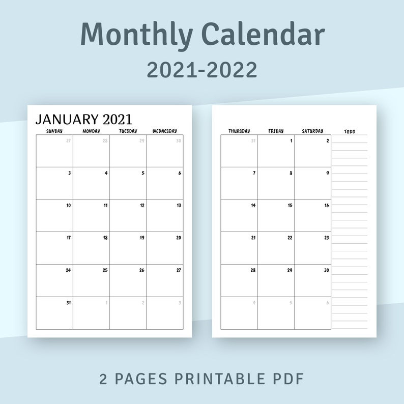 Printable Calendar Monthly 2021 2022 Month On Two Page | Etsy-2 Page 2021 Calendar Template Printable