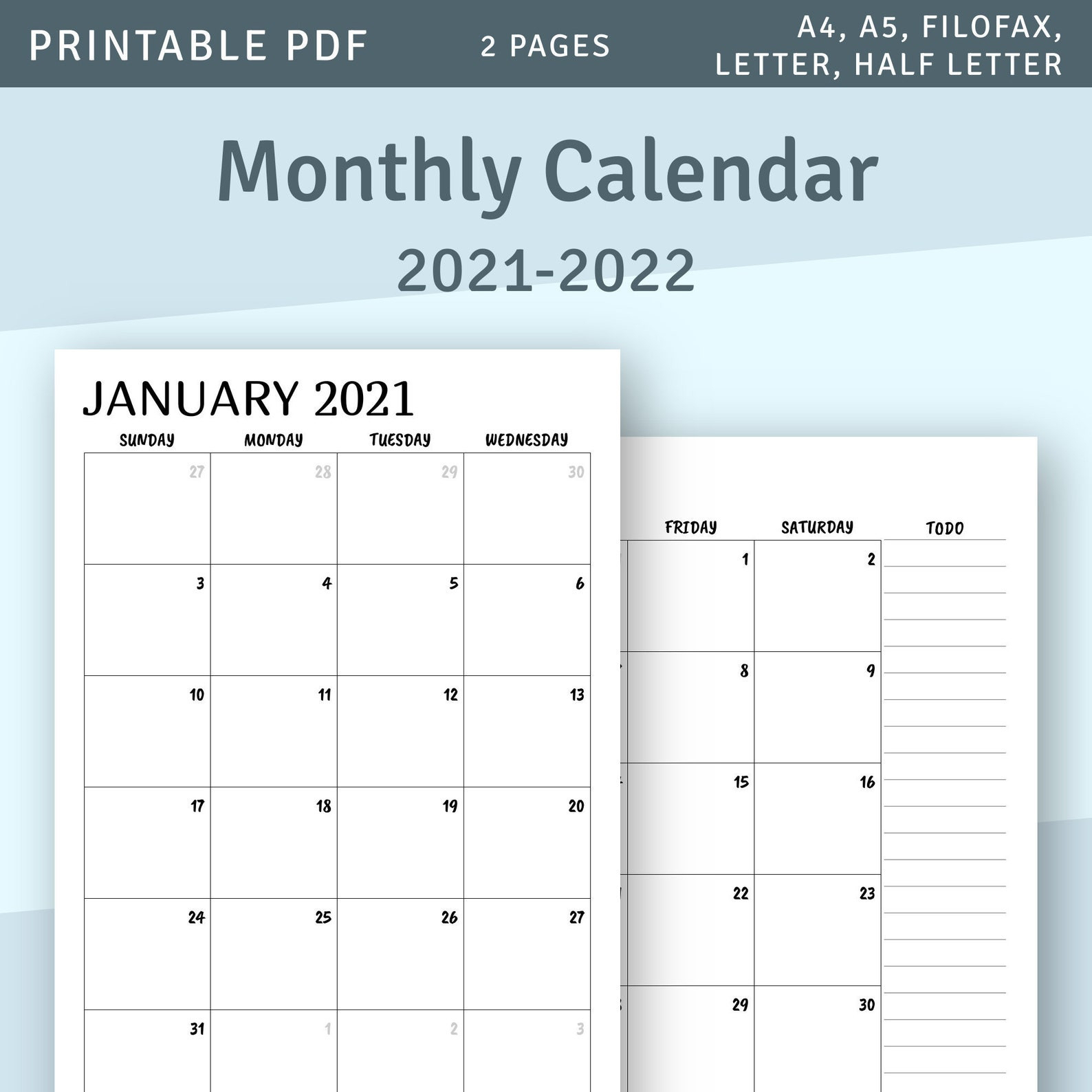 Printable Calendar Monthly 2021 2022 Month On Two Page | Etsy-Printable 2021 Bill Pay Calendars Free