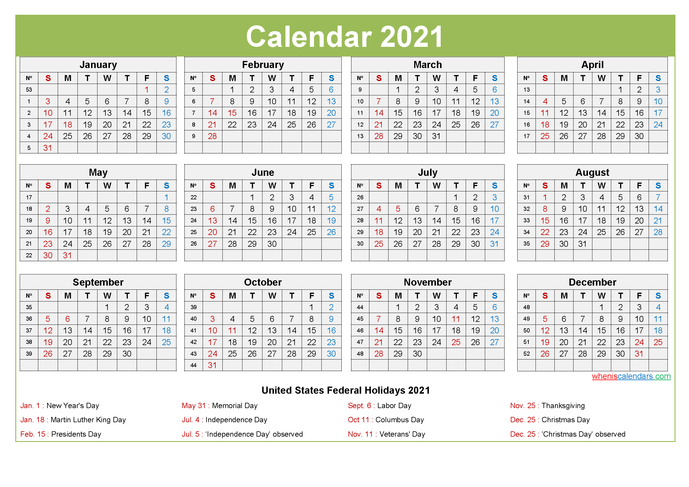 Printable Editable Calendar 2021 - Template No.ep21Y28-2021 Yearly Calendar Printable Free