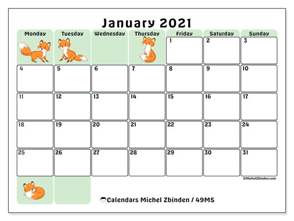 Printable January 2021 &quot;49Ms&quot; Calendar - Michel Zbinden En-Free Printable Monthly Calendar January 2021