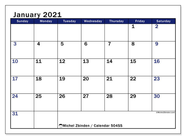 Printable January 2021 &quot;504Ss&quot; Calendar - Michel Zbinden En-January 2021 Calendar Printable Free Monthly