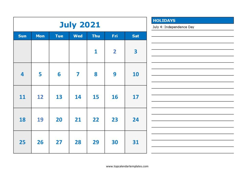 Printable July 2021 Calendar Template - Pdf, Word, Excel-2021 Vacation Calendar Printable Template