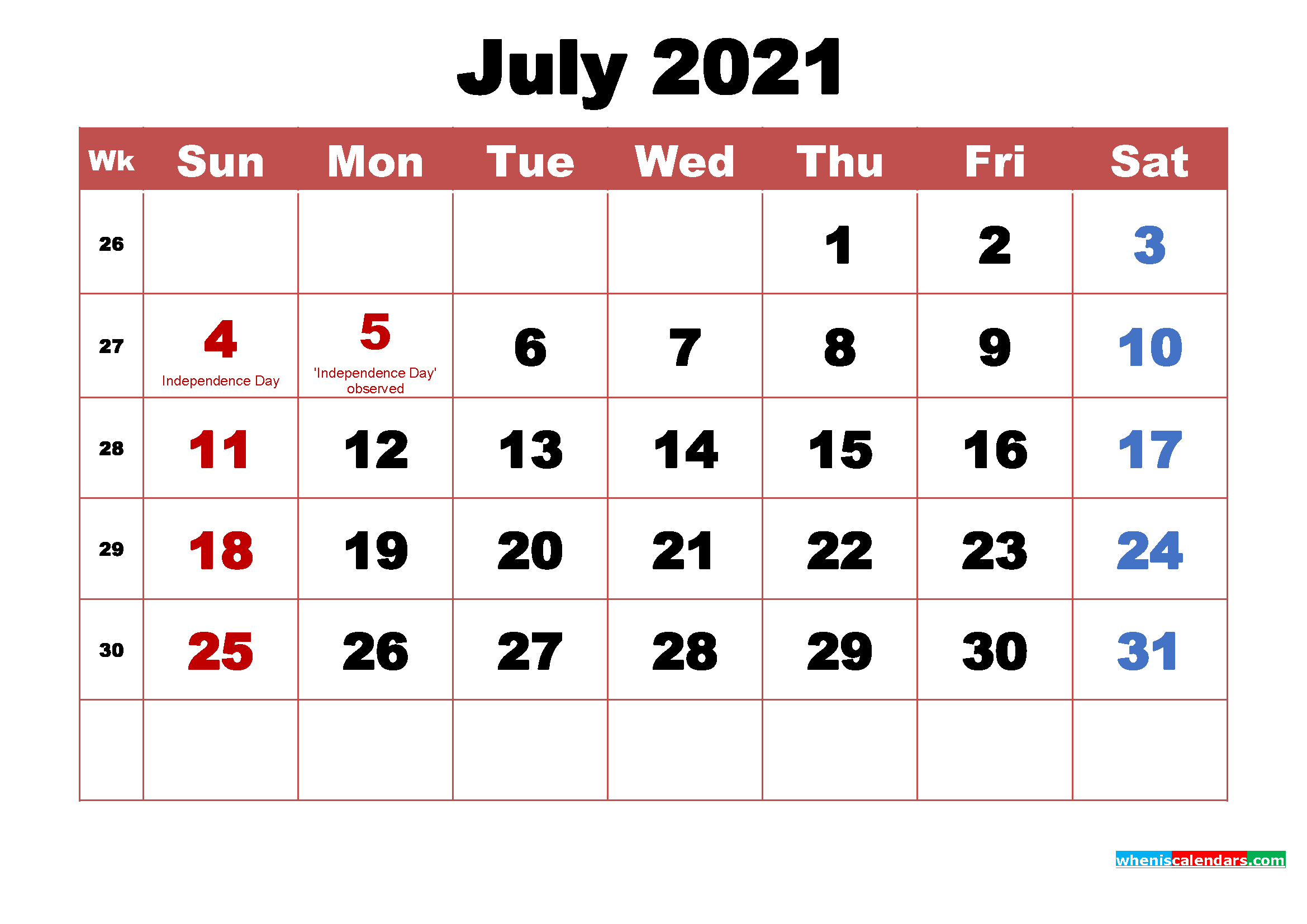 Printable July 2021 Calendar With Holidays Word, Pdf-Printable Calendar 2021 Large Font