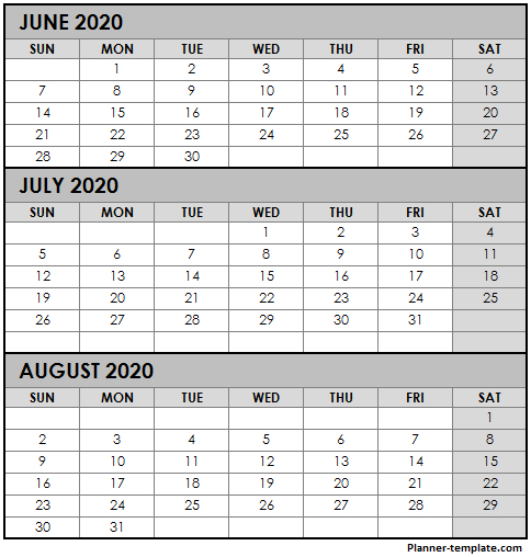 Printable June July August 2020 Calendar Template | 3-Printable Calendar 2021 3 Months