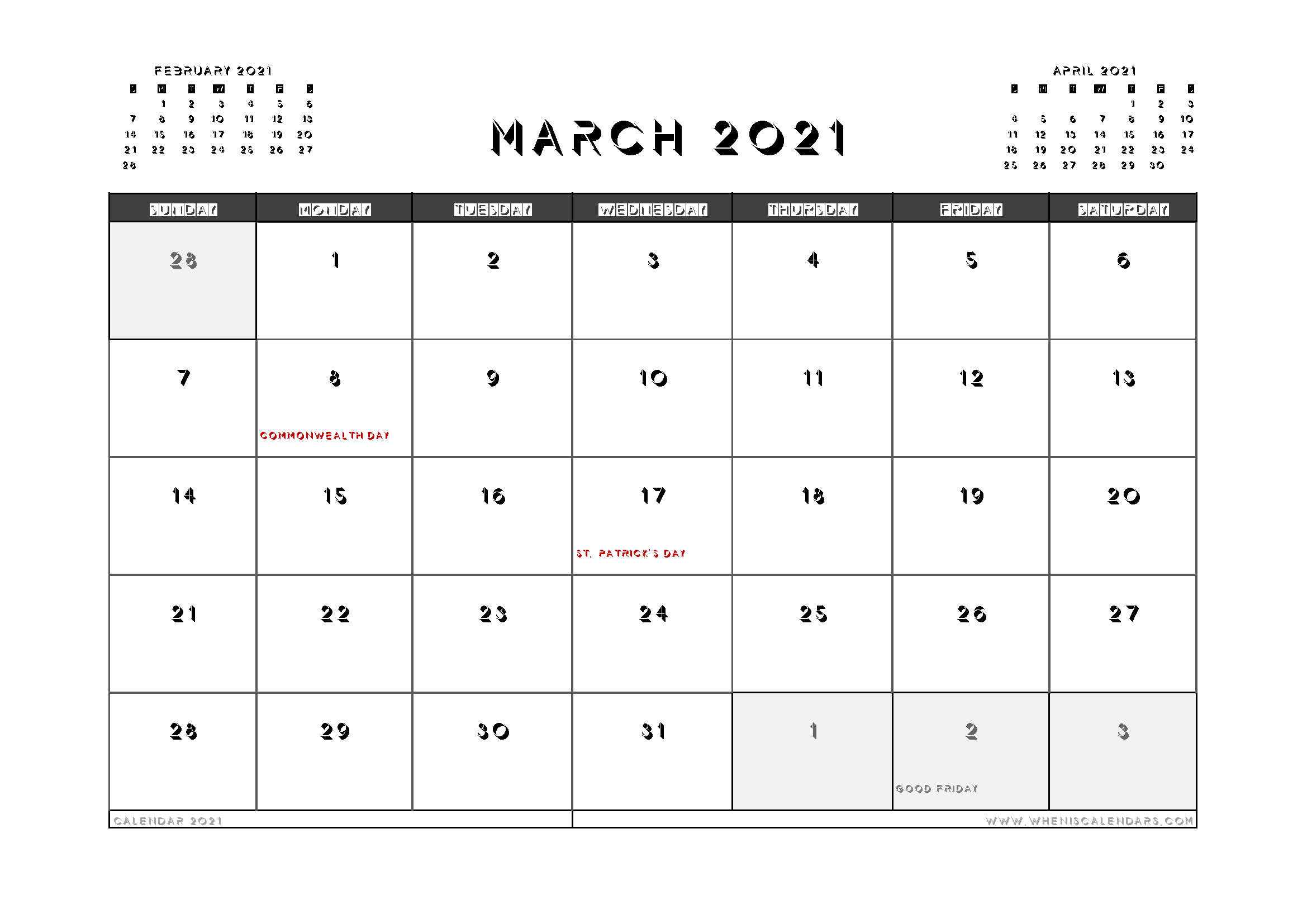 Printable March 2021 Calendar Canada-Canadian Calendar 2021 With Holidays Printable Landscape
