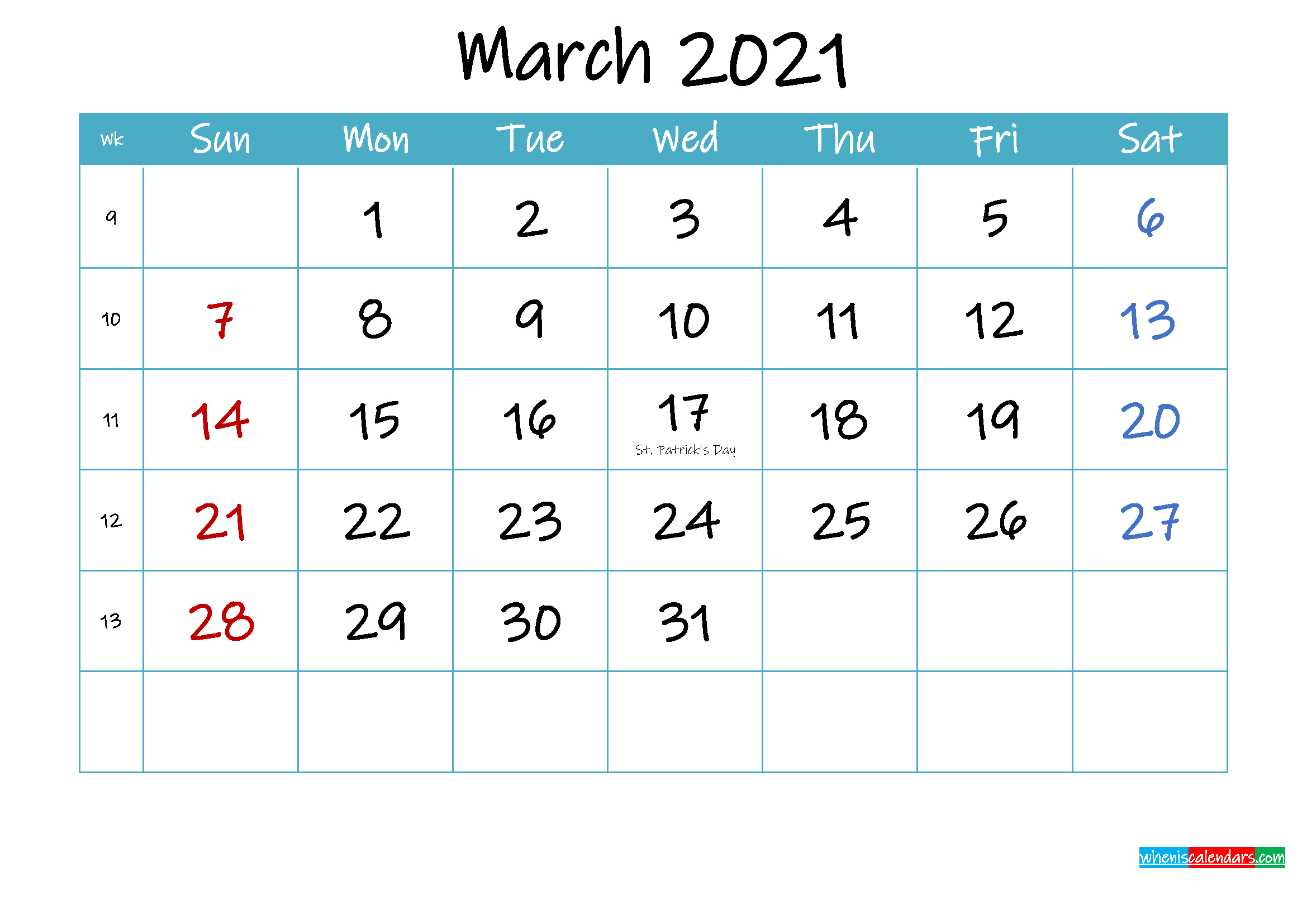 Printable March 2021 Calendar Pdf - Template Ink21M63-March 2021 Calendar