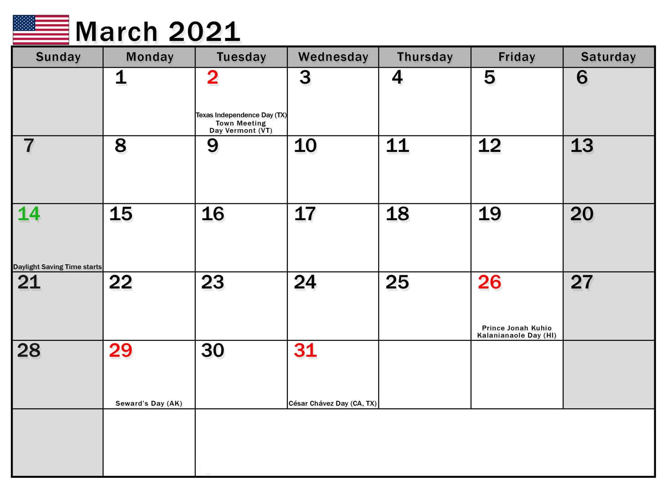 Printable March 2021 Calendar Usa Holidays - Printable-March 2021 Calendar