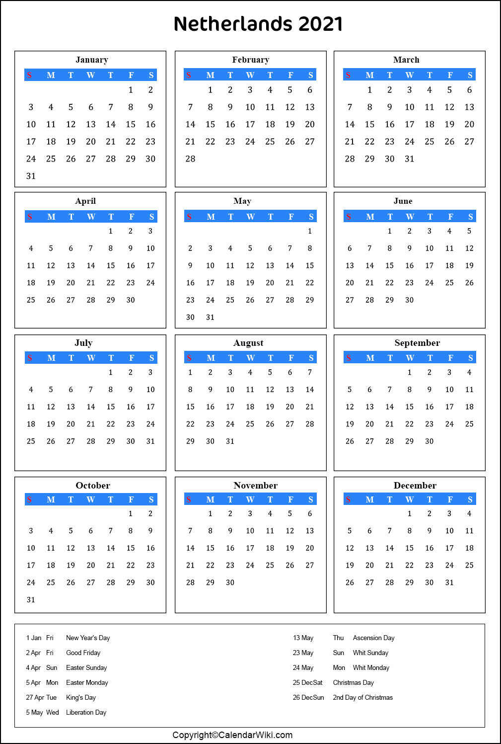 Printable Netherlands Calendar 2021 With Holidays [Public-Holiday Planner 2021