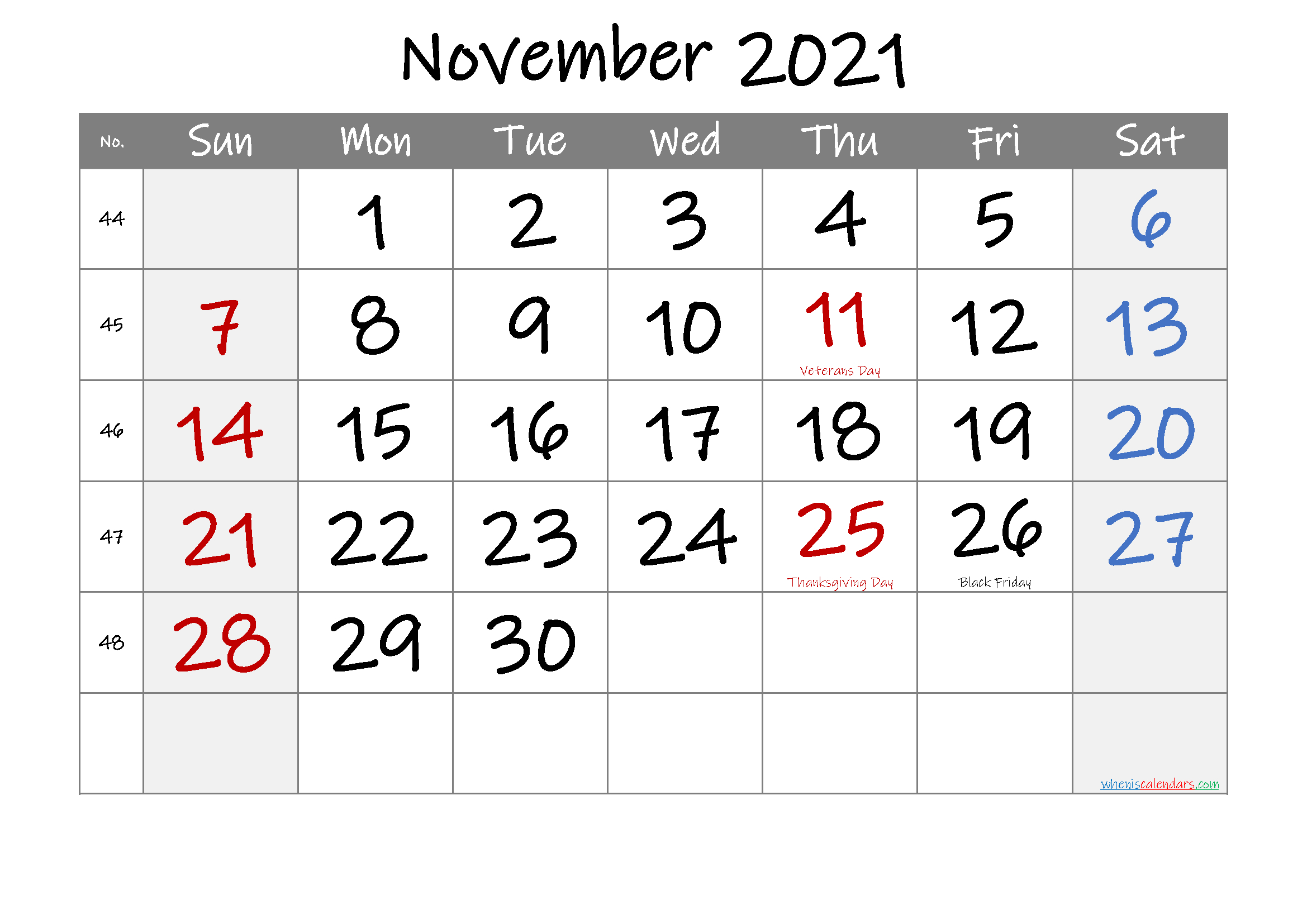 Printable November 2021 Calendar With Holidays-November 2021 Blank Calendar