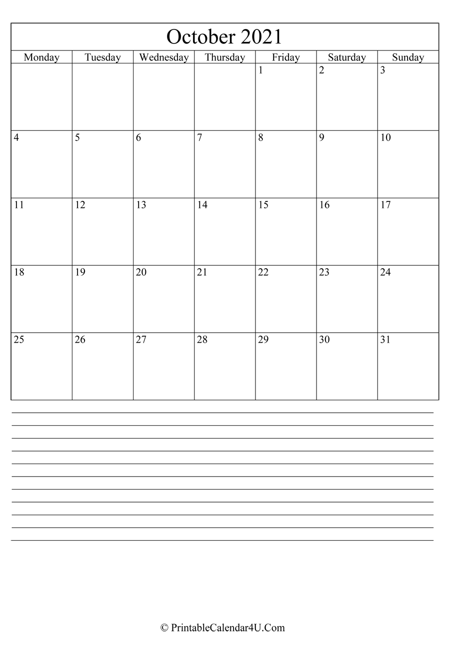 Printable October Calendar 2021 With Notes (Portrait)-October Calendar With Space To Write Assignments