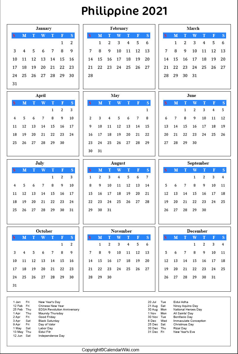 Printable Philippines Calendar 2021 With Holidays [Public-2021 Vacation Calendar