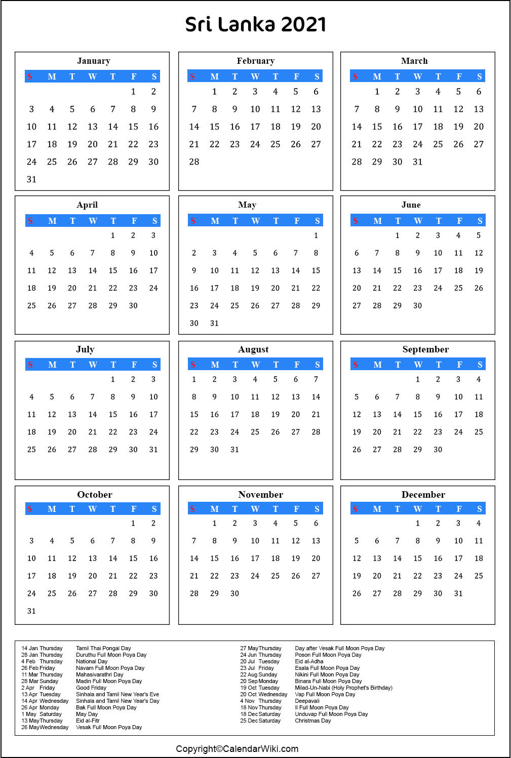 Printable Srilanka Calendar 2021 With Holidays [Public-Holidays Sri Lanka 2021 Mercentile