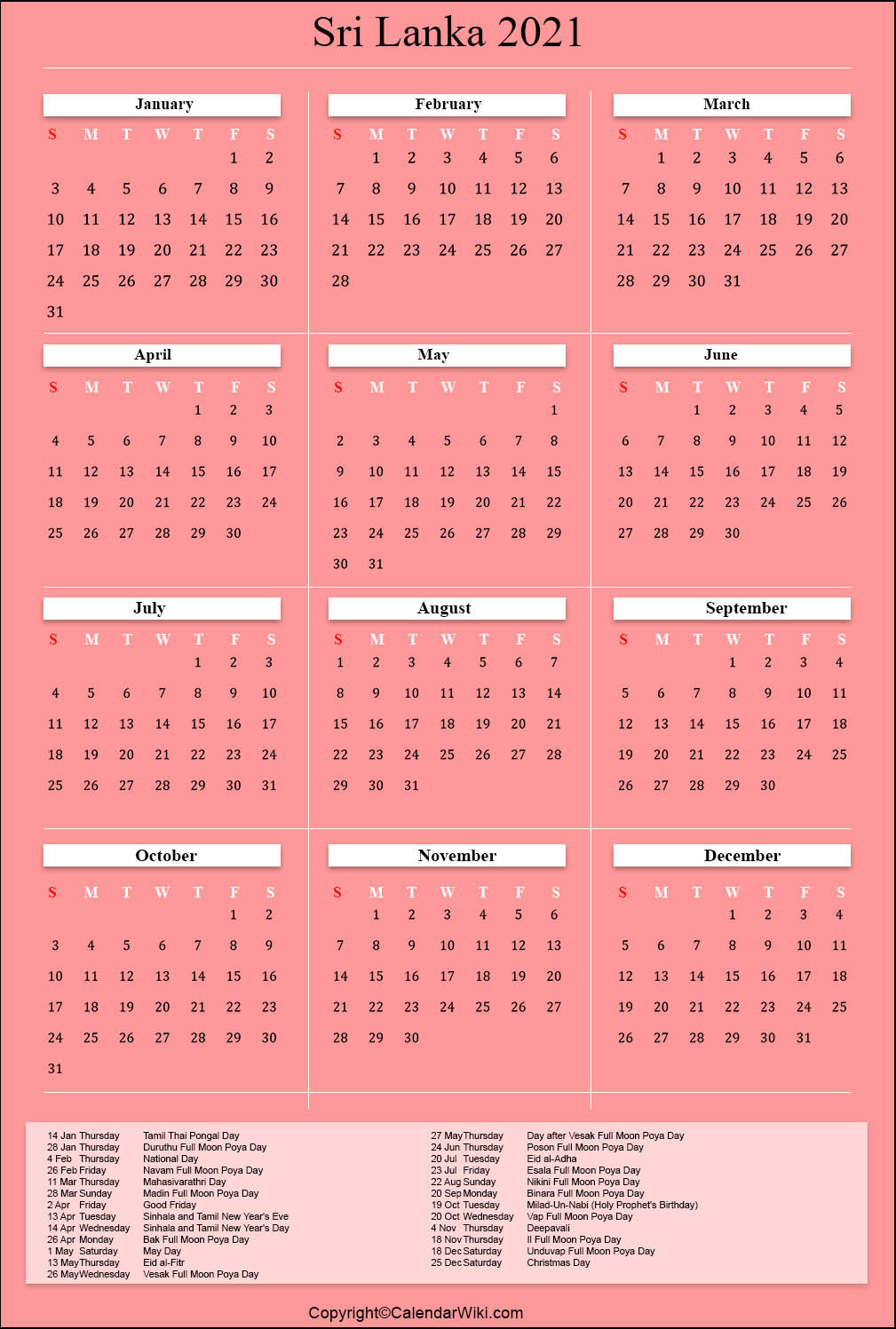 Printable Srilanka Calendar 2021 With Holidays [Public-Holidays Sri Lanka 2021 Mercentile