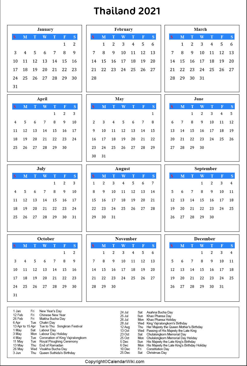 Printable Thailand Calendar 2021 With Holidays [Public-Printable Vacation Calenders 2021