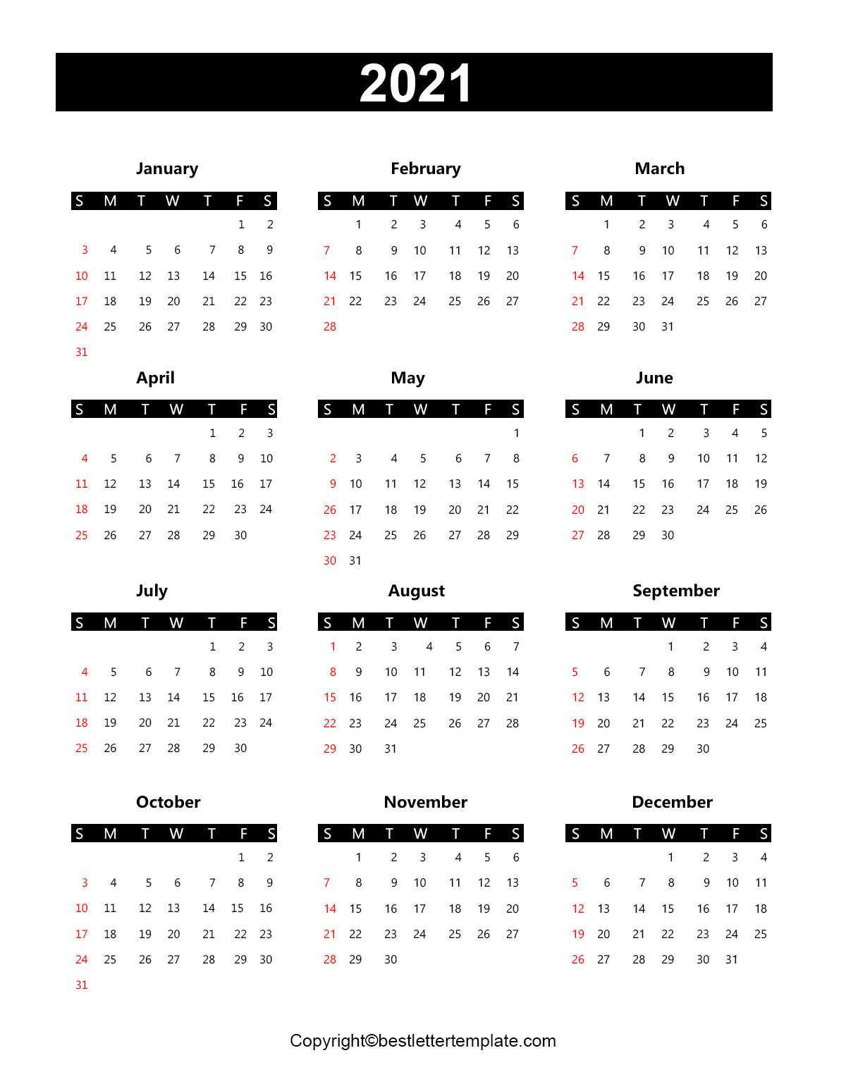 Printable Yearly 2021 Calendar Template In Pdf, Word &amp; Excel-2021 Calendar Template Word