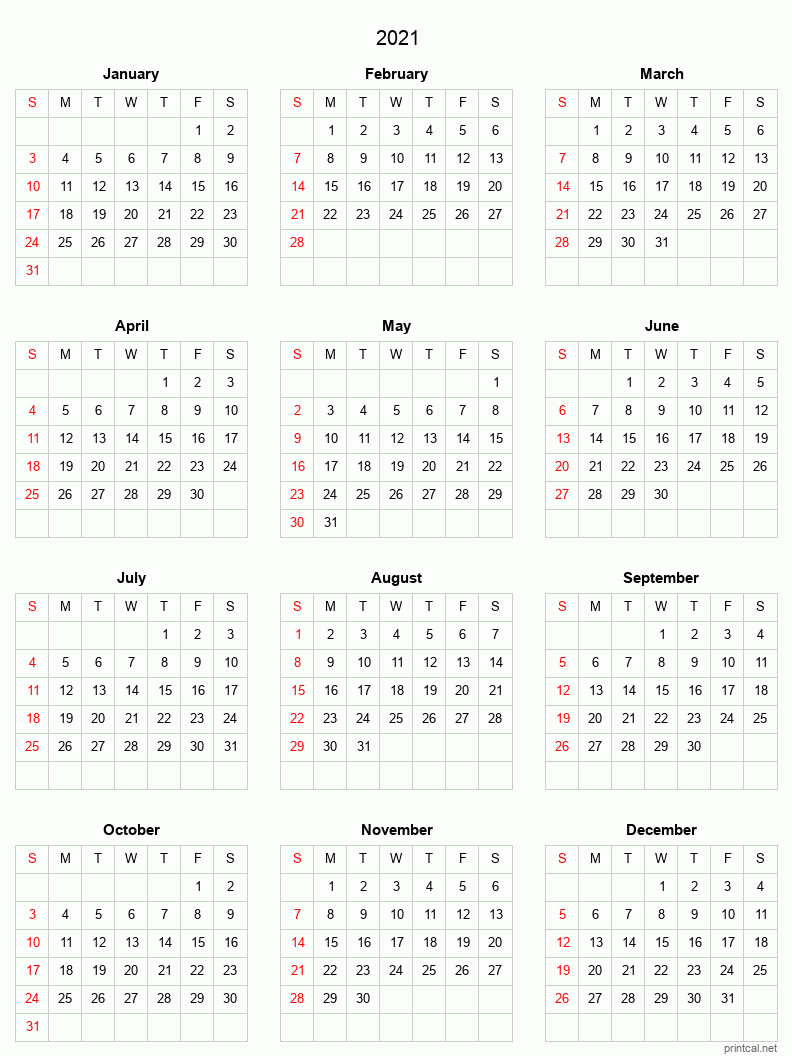 Printable Yearly Calendar 2021, Full-Year | Free Printable-2021 Calendar Printable 2 Months Per Page