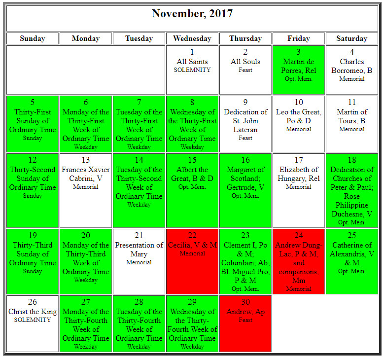 Roman Catholic Liturgical Calendar 2017 | Downloads 2021-Printable Monthly Liiturgical Calendar 2021