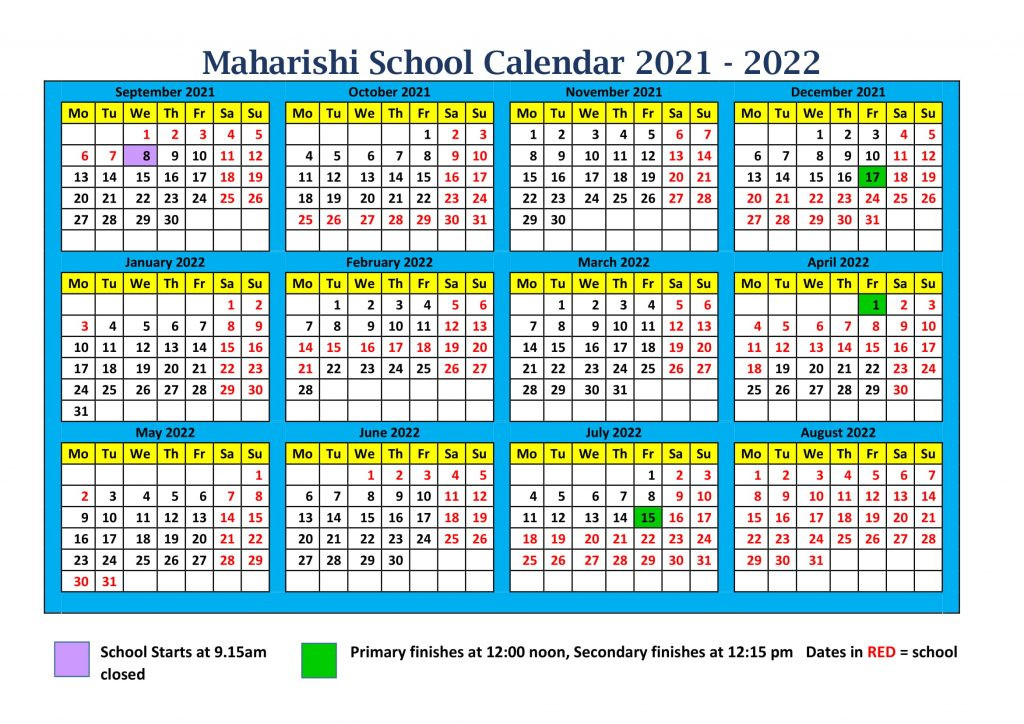 School Calendar 2021-2022 - Maharishi School-Sarawak School Calendar 2021