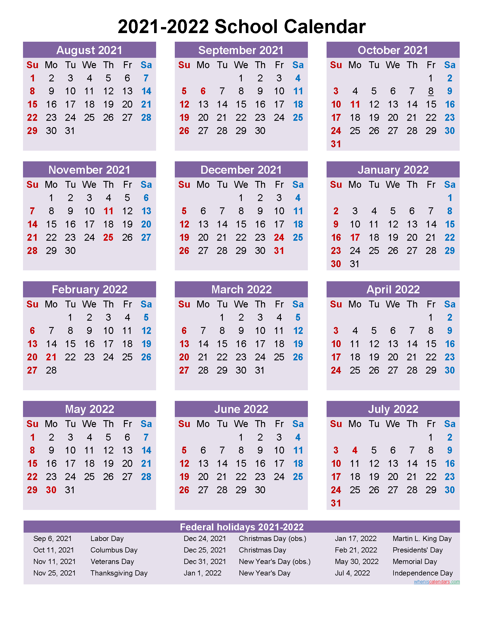 School Calendar 2021 And 2022 Printable (Portrait-2 Page Calendar Printables 2021