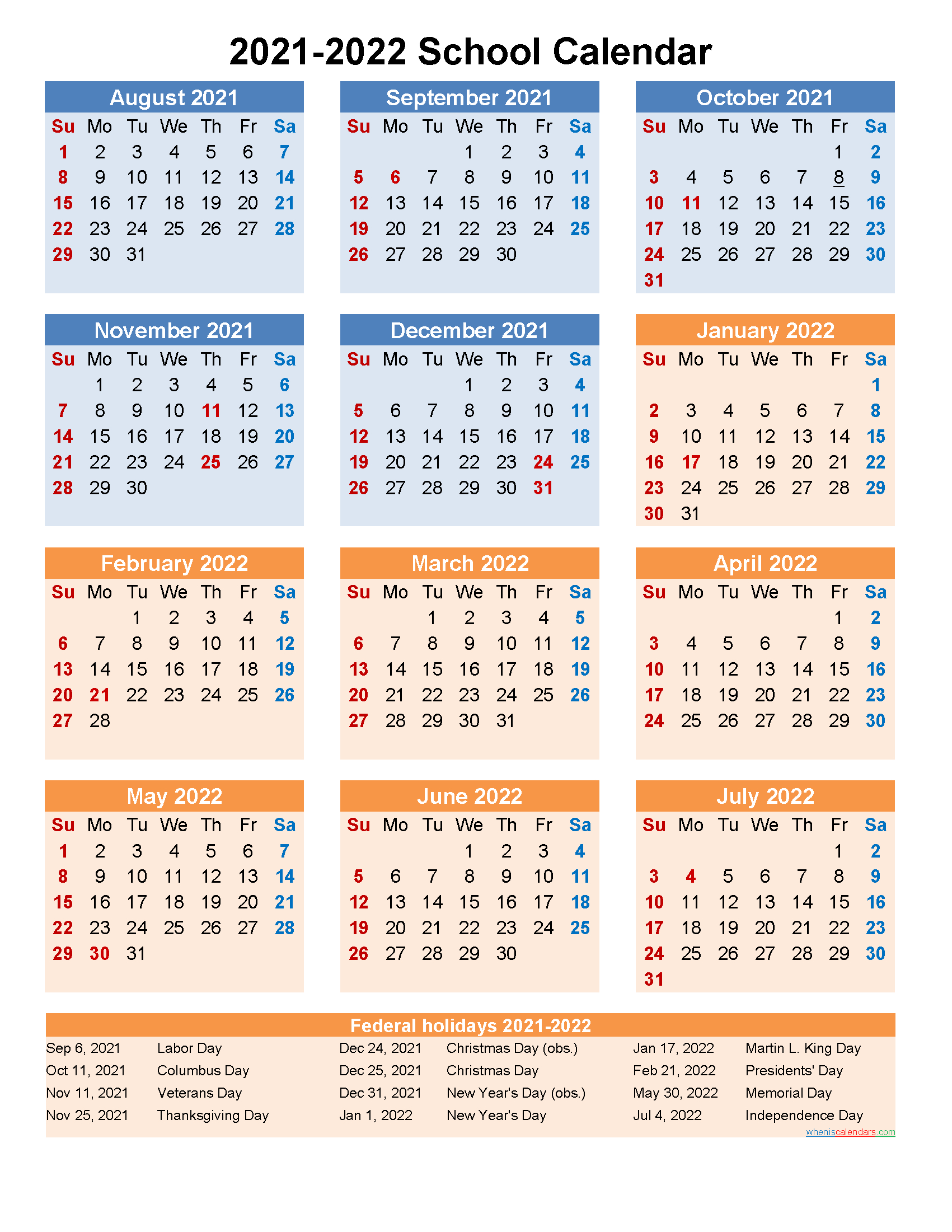 School Calendar 2021 And 2022 Printable (Portrait-2021 Calendar Printable Template