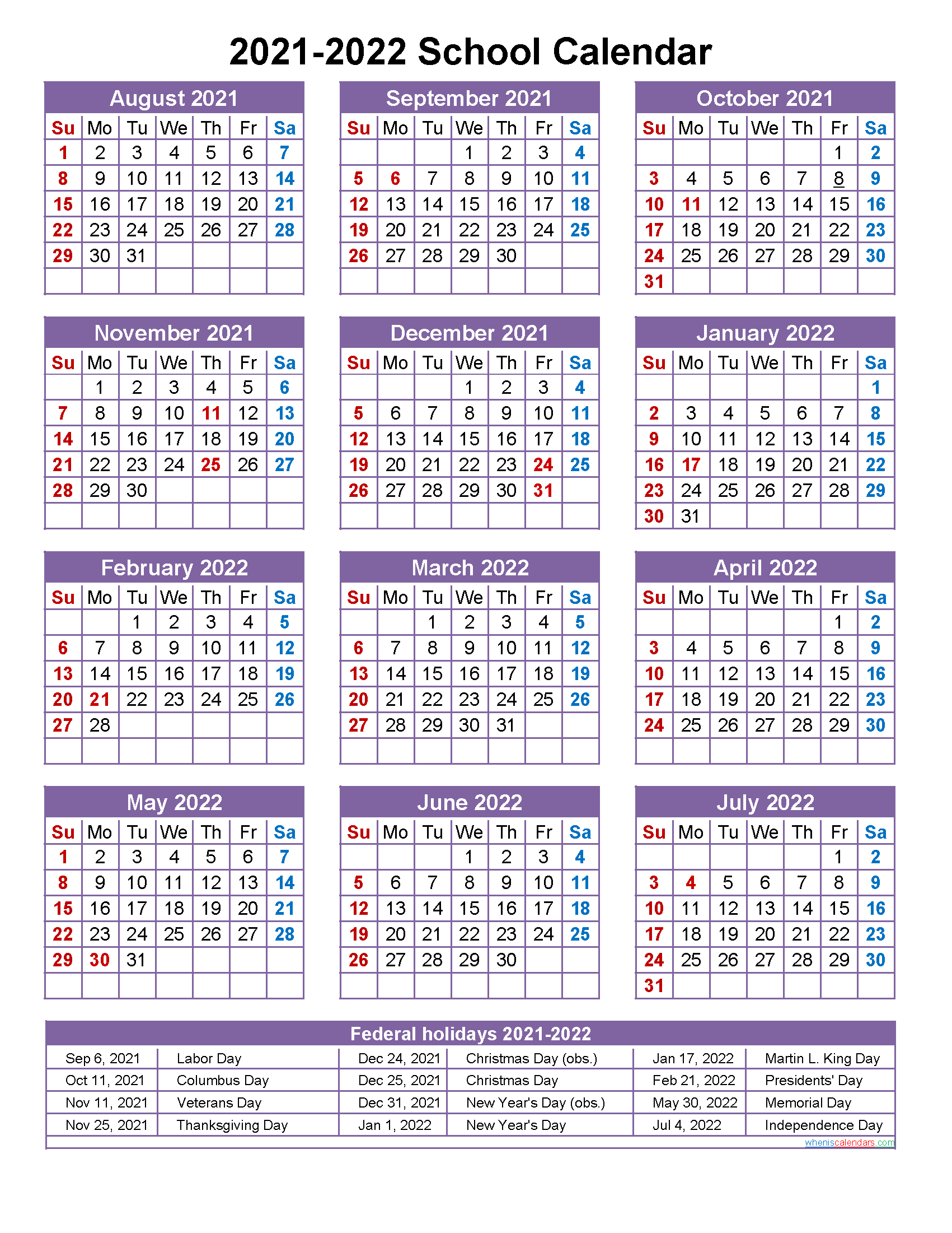 School Calendar 2021 And 2022 Printable (Portrait-2021 Vacation Calendar