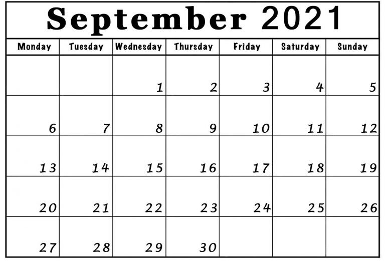 September 2021 Calendar Monday Start To Sunday Blank Free-Monthly Caldenar For May 2021 With Monday Thru Friday