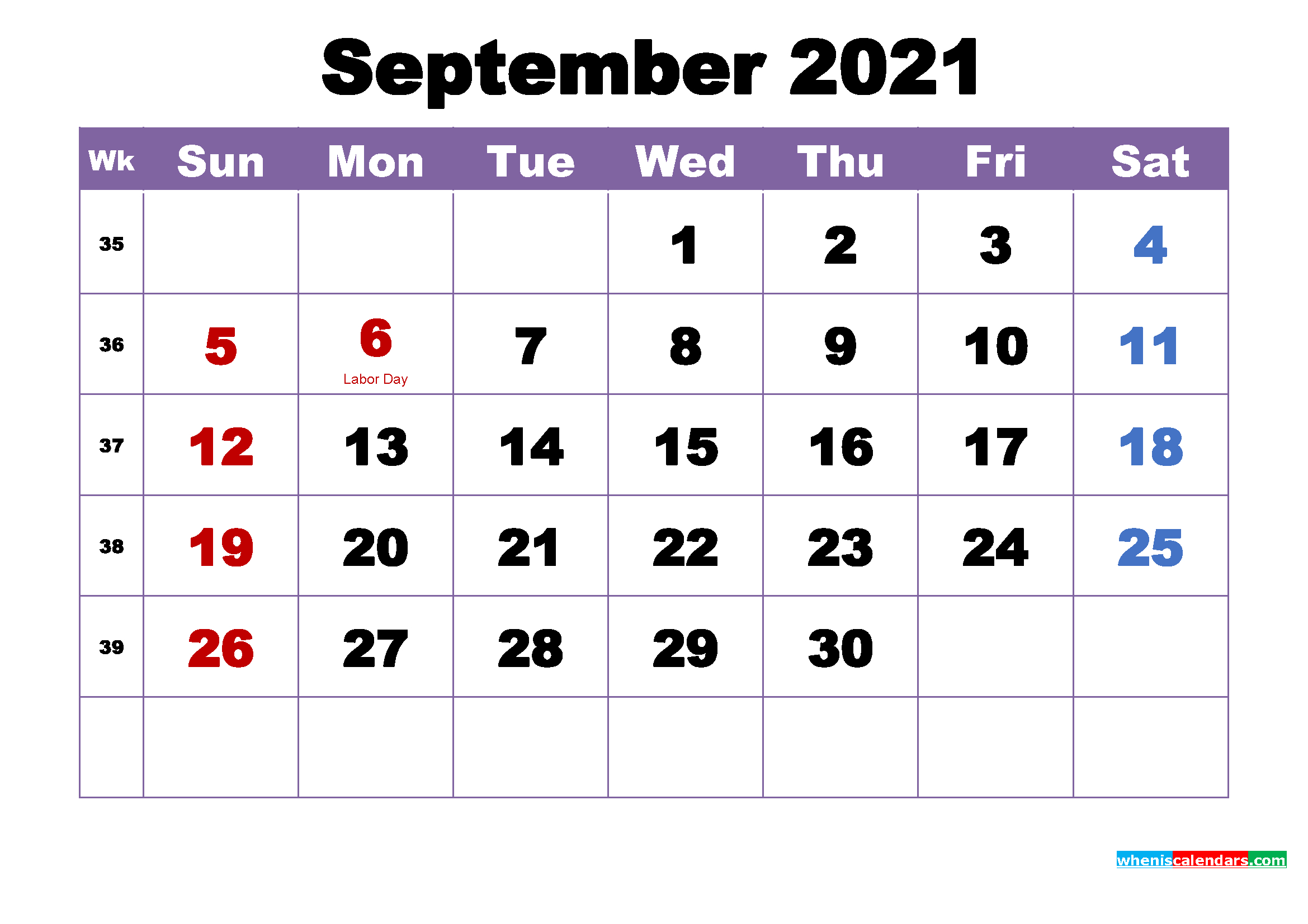 September 2021 Calendar With Holidays Printable-Free Printable Calendar 2021 September