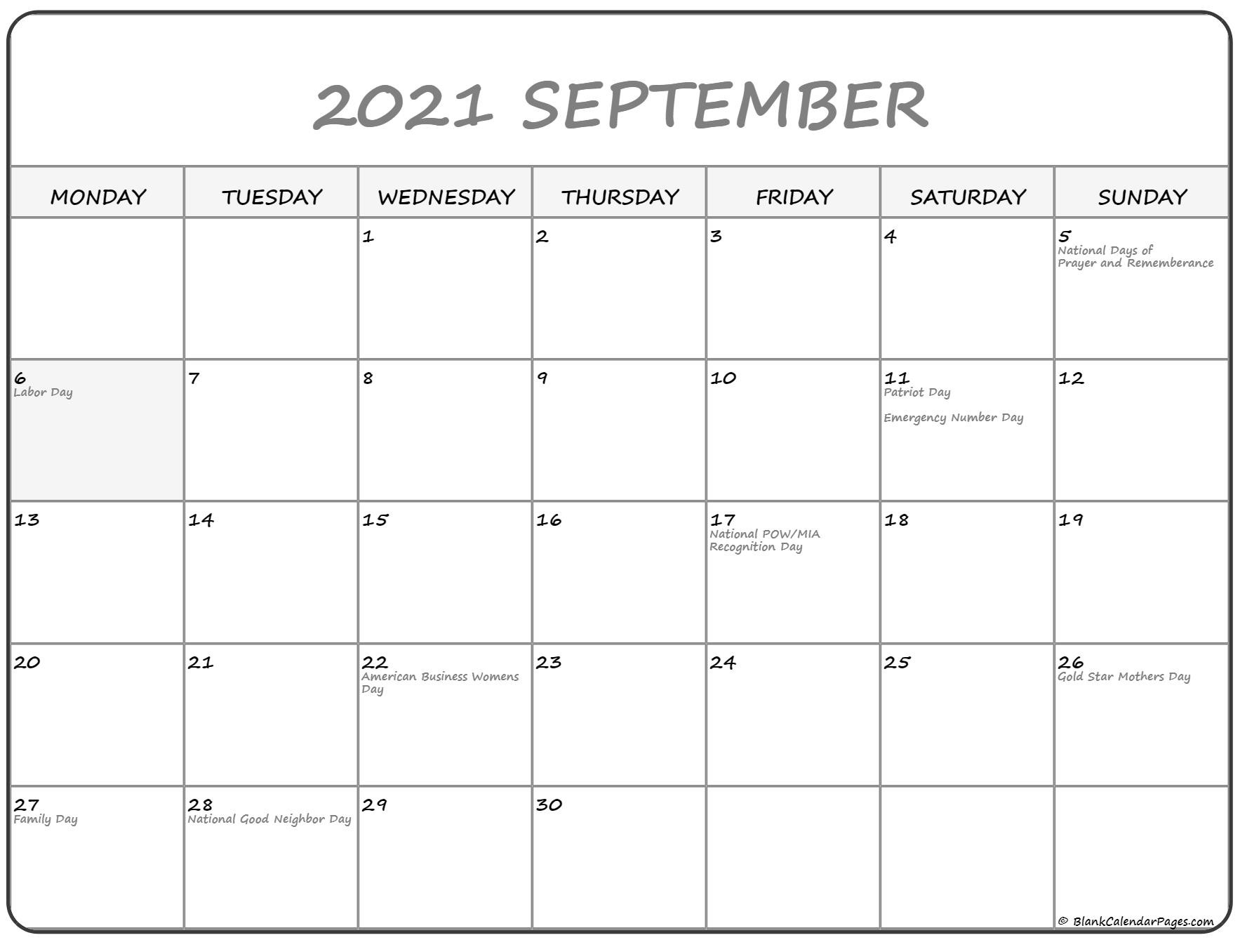 September 2021 Monday Calendar | Monday To Sunday-Monday Thru Friday Calendar 2021