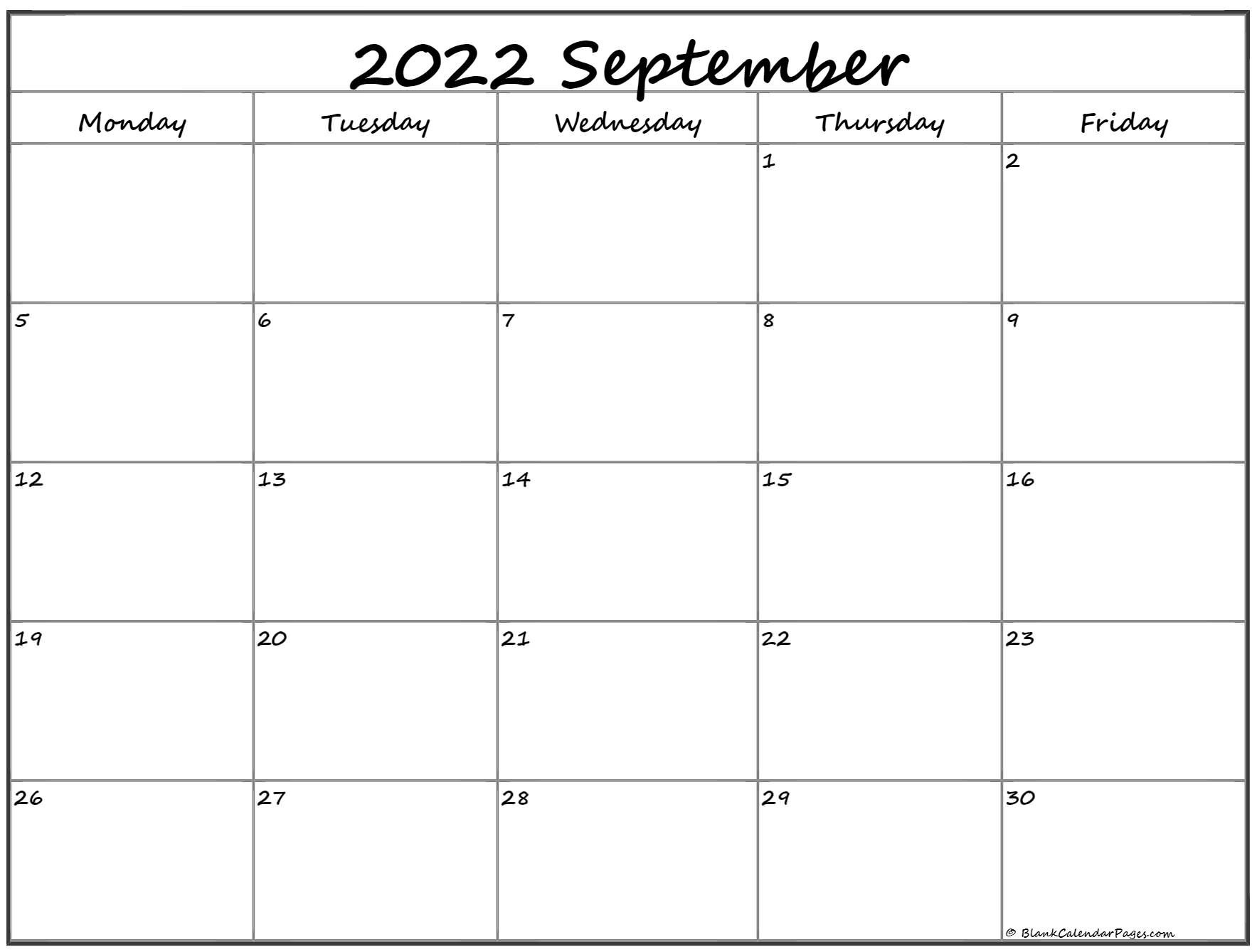 September 2022 Monday Calendar | Monday To Sunday-Free Monday Through Friday August 2021 Calendar