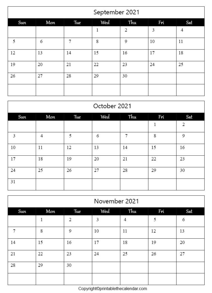 September October November 2021 Calendar [Free Printable-Printable Calendar 2021 3 Months