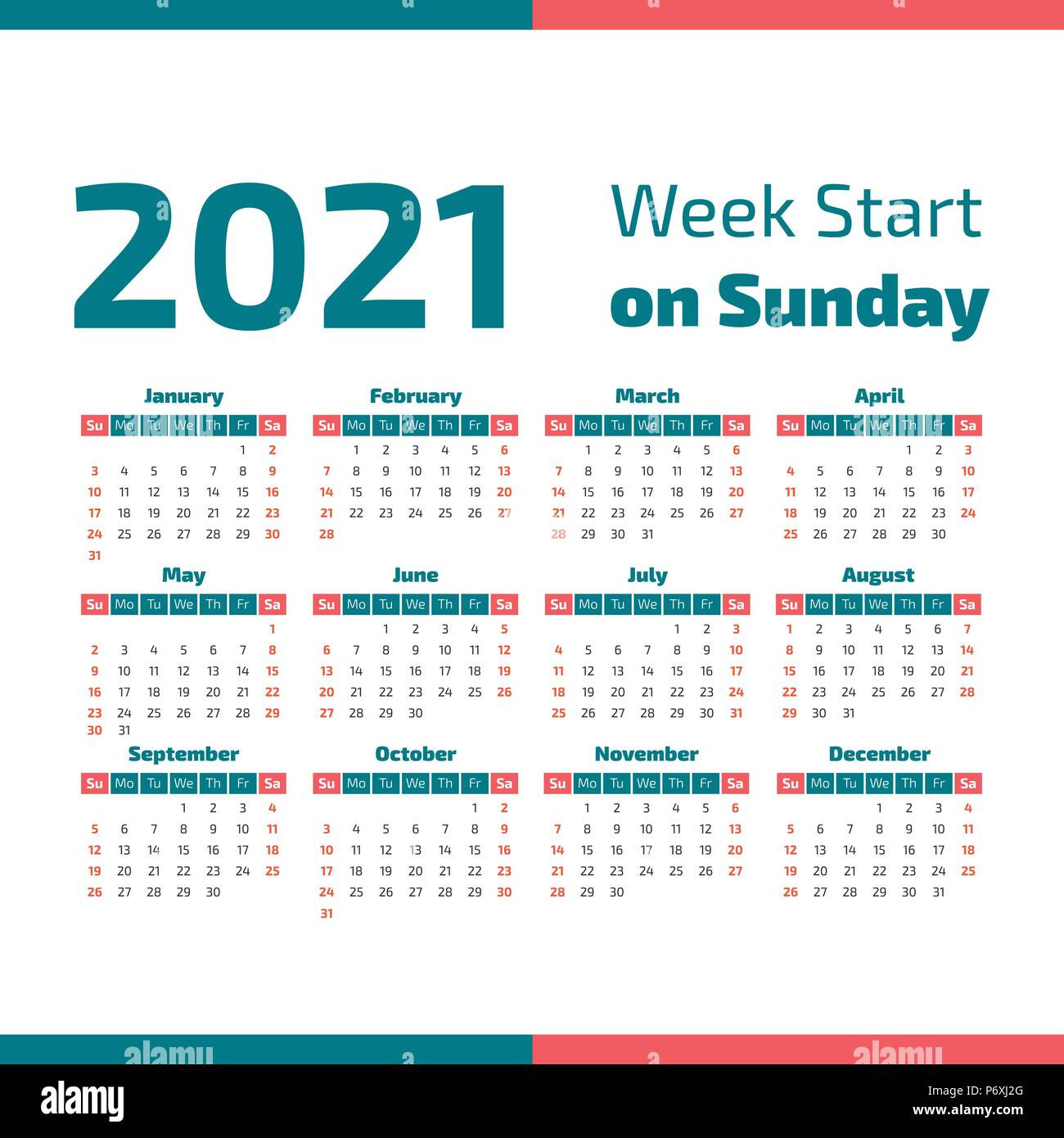 Simple 2021 Year Calendar, Week Starts On Sunday Stock-Calendar For Year 2021