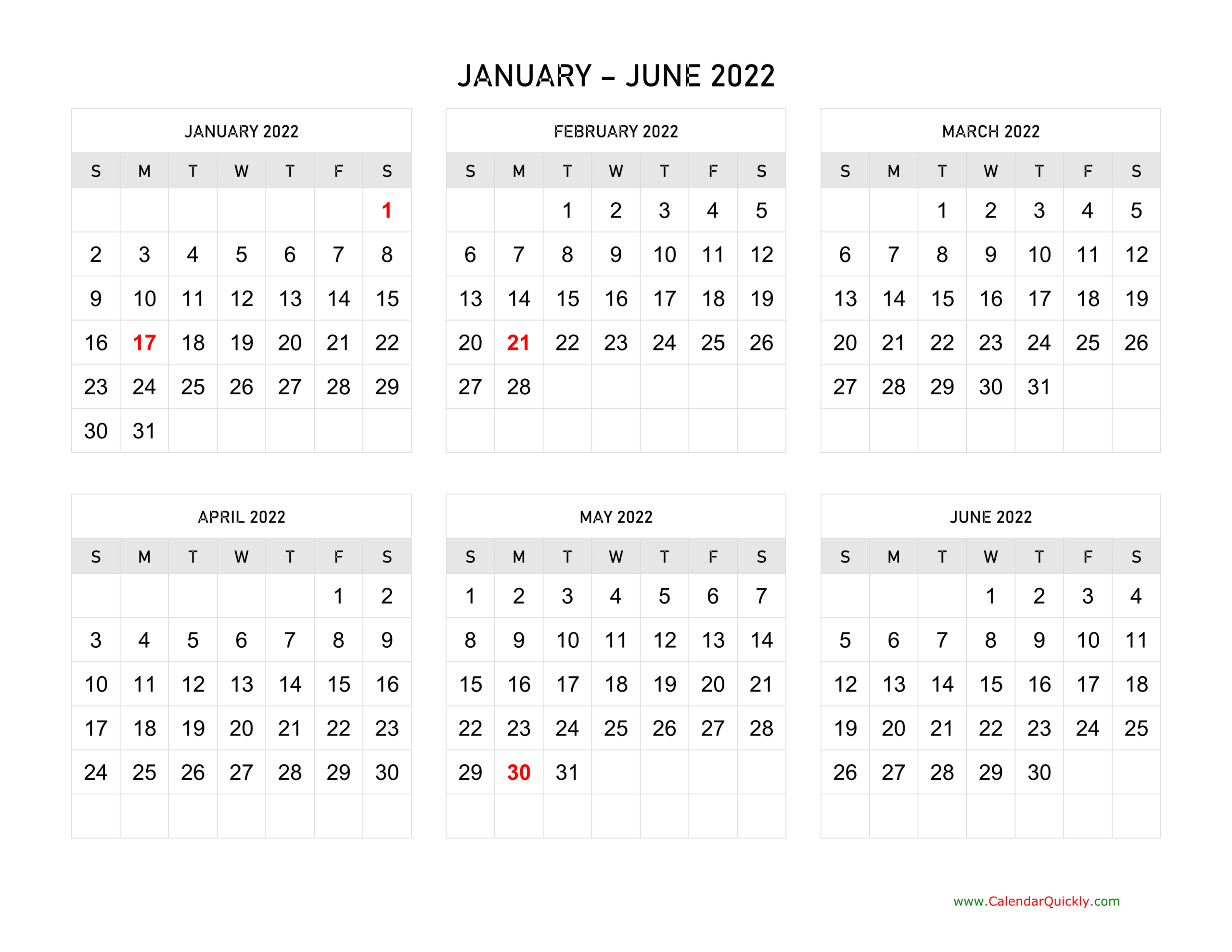 Six Months 2022 Calendar | Calendar Quickly-2021 Half Page Monthly Calendar Template