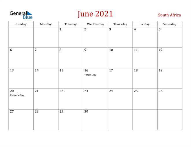 South Africa June 2021 Calendar With Holidays-June 2021 Word Editable Calendar