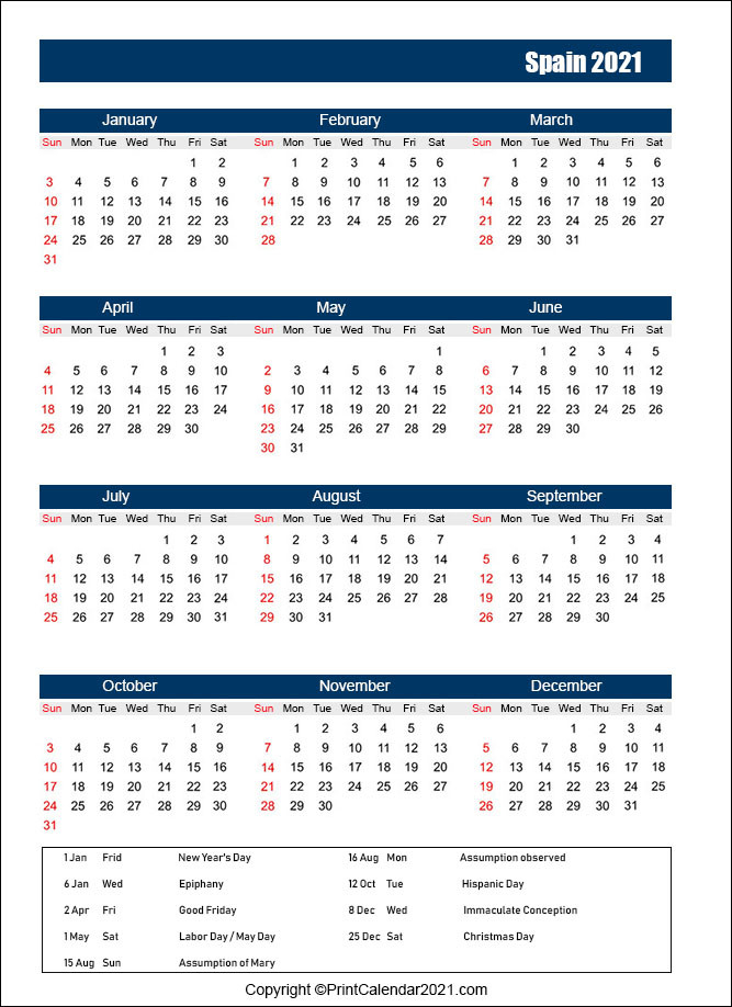 Spain Holidays Calendar 2021-Free Employee Holiday Planner 2021
